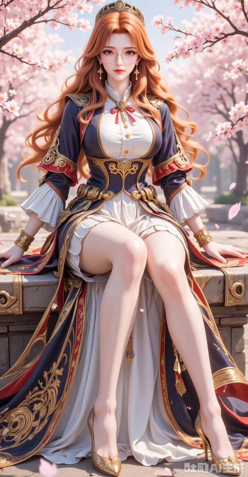 juzijie,jewelry,earrings,brown eyes,orange hair,glasses,round eyewear,brown hair,wavy hair,hat,1girl,solo,long hair,brown hair,sitting,looking at viewer,jewelry,breasts,cherry blossoms,full body,high heels,dress,petals,skirt,earrings,long sleeves,parted lips,gold trim,brown eyes,outdoors,5,cover,gradient background,close-up details,outstanding style,adding a touch of dimension to your images without compromising details,close-up. lvjing,