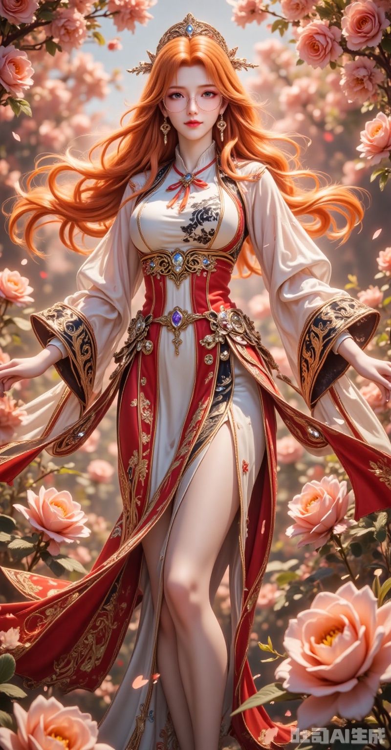 This enchanting 8K portrait captures a flame-haired beauty dancing gracefully amidst a sea of blooming roses. Her cascading orange tresses shimmer with a pearlescent glow, adorned with delicate silver ornaments that complement the round-framed glasses perched on her nose, adding an intellectual charm to her allure. Those mesmerizing gray eyes, glowing with a subtle pink radiance behind the lenses, captivate the viewer, while her glistening ruby lips - dewy as morning roses kissed by dawn - exude sensual elegance.

The exquisitely crafted traditional Chinese gown drapes her graceful form, its sculpted silhouette accentuating every curve as she twirls. Flowing black patterns dance across the skirt like ink on silk, while embedded gemstones scatter prismatic light with each movement. The billowing sleeves - a harmonious blend of sheer gauze and luxurious brocade - trail behind her like butterfly wings, their sapphire-studded cuffs tracing celestial arcs that sparkle in the sunlight.

In this vibrant rose garden, countless blossoms burst into full bloom, creating a swirling tempest of petals that frame her divine dance. Shot from a dramatic low angle with exquisite backlighting, every element conspires to compose a visual symphony where nature's splendor and human artistry become one. The breathtaking 8K resolution captures each individual petal, each sparkle of gemstone, transforming this fleeting moment into an eternal dream of beauty and grace. lvjing,