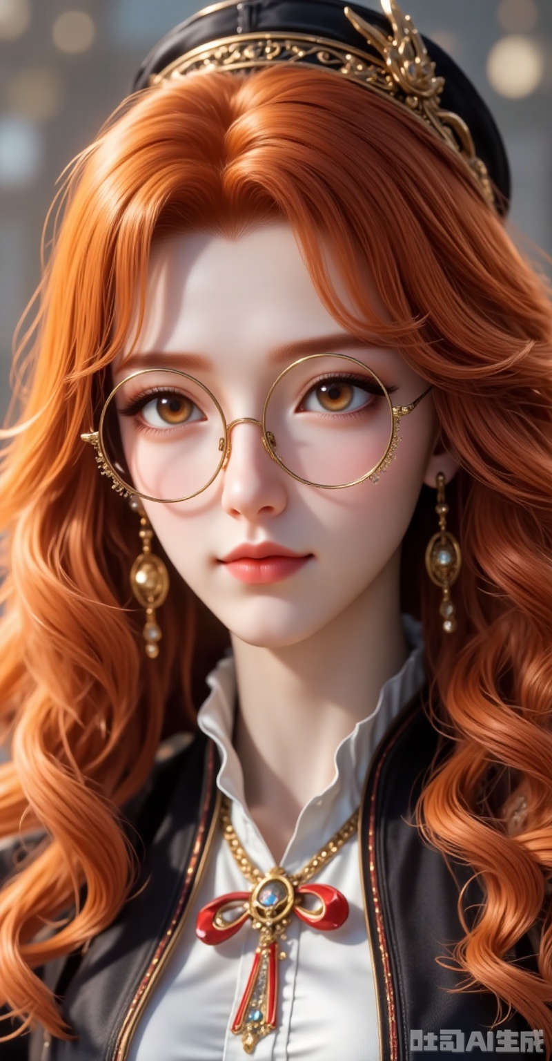 juzijie,jewelry,earrings,brown eyes,orange hair,glasses,round eyewear,brown hair,wavy hair,hat,1girl,solo,round eyewear,blurry background,long hair,blurry,orange hair,glasses,looking at viewer,hat,jewelry,earrings,portrait,depth of field,lips,realistic,curly hair,wavy hair,orange eyes,outdoors,closed mouth,brown eyes,3,cover,gradient background,close-up details,outstanding style,adding a touch of dimension to your images without compromising details,close-up. lvjing,