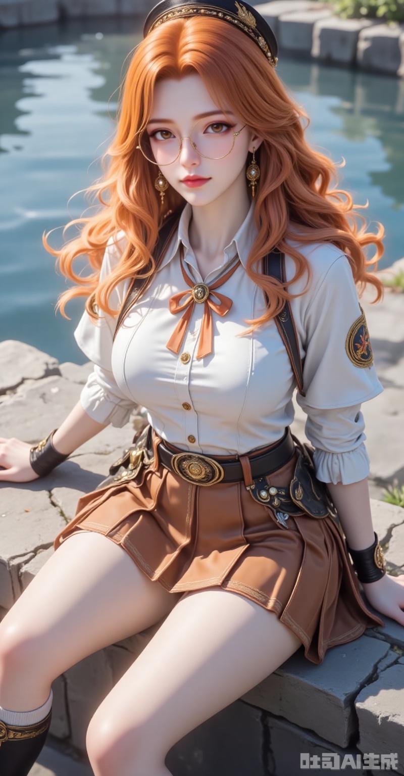 juzijie,jewelry,earrings,brown eyes,orange hair,glasses,round eyewear,brown hair,wavy hair,hat,1girl,solo,glasses,skirt,jewelry,sitting,long hair,hat,pleated skirt,boots,round eyewear,shirt,looking at viewer,earrings,breasts,orange hair,water,white shirt,black footwear,outdoors,brown skirt,black headwear,brown eyes,socks,belt,white socks,black nails,short sleeves,lips,knee boots,nail polish,parted bangs,large breasts,miniskirt,4,cover,gradient background,close-up details,outstanding style,adding a touch of dimension to your images without compromising details,close-up. lvjing,
