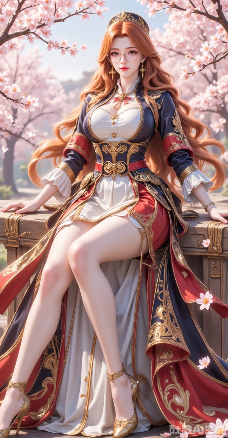 juzijie,jewelry,earrings,brown eyes,orange hair,glasses,round eyewear,brown hair,wavy hair,hat,1girl,solo,long hair,brown hair,sitting,looking at viewer,jewelry,breasts,cherry blossoms,full body,high heels,dress,petals,skirt,earrings,long sleeves,parted lips,gold trim,brown eyes,outdoors,5,cover,gradient background,close-up details,outstanding style,adding a touch of dimension to your images without compromising details,close-up. lvjing,