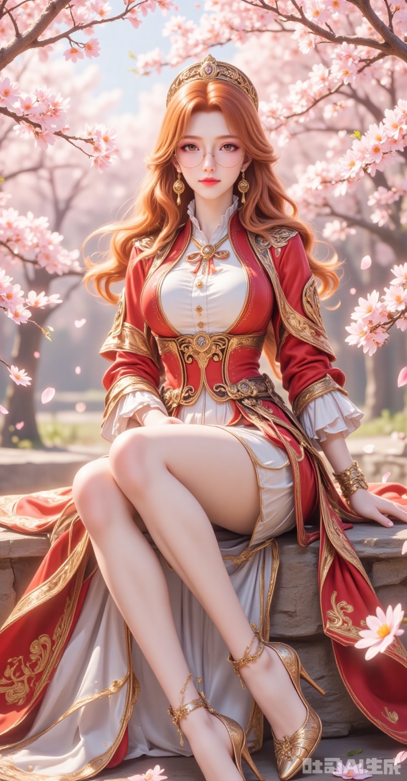 juzijie,jewelry,earrings,brown eyes,orange hair,glasses,round eyewear,brown hair,wavy hair,hat,1girl,solo,long hair,brown hair,sitting,looking at viewer,jewelry,breasts,cherry blossoms,full body,high heels,dress,petals,skirt,earrings,long sleeves,parted lips,gold trim,brown eyes,outdoors,5,cover,gradient background,close-up details,outstanding style,adding a touch of dimension to your images without compromising details,close-up. lvjing,
