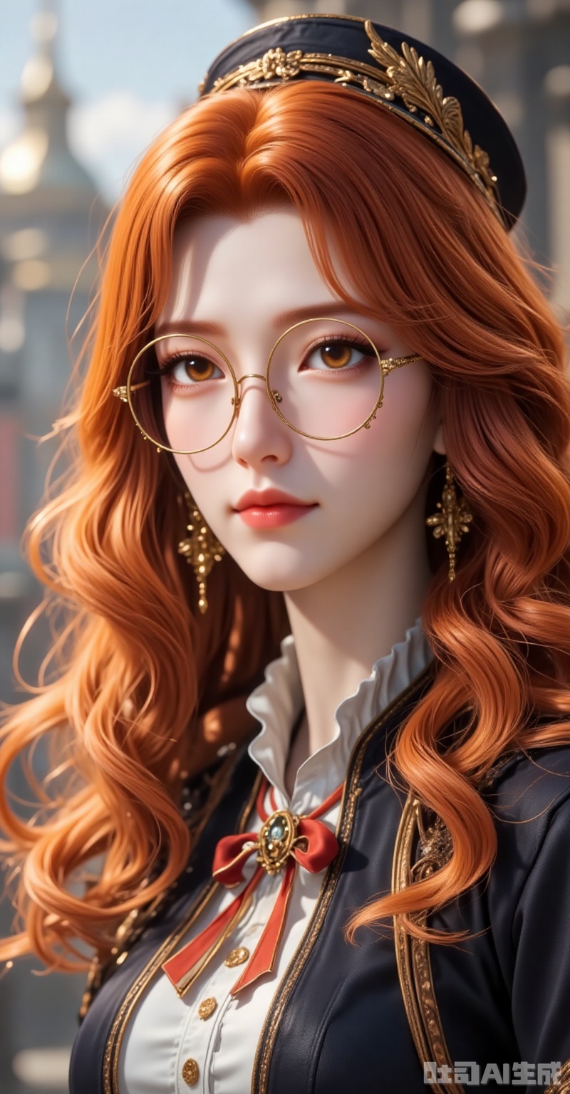juzijie,jewelry,earrings,brown eyes,orange hair,glasses,round eyewear,brown hair,wavy hair,hat,1girl,solo,round eyewear,blurry background,long hair,blurry,orange hair,glasses,looking at viewer,hat,jewelry,earrings,portrait,depth of field,lips,realistic,curly hair,wavy hair,orange eyes,outdoors,closed mouth,brown eyes,3,cover,gradient background,close-up details,outstanding style,adding a touch of dimension to your images without compromising details,close-up. lvjing,