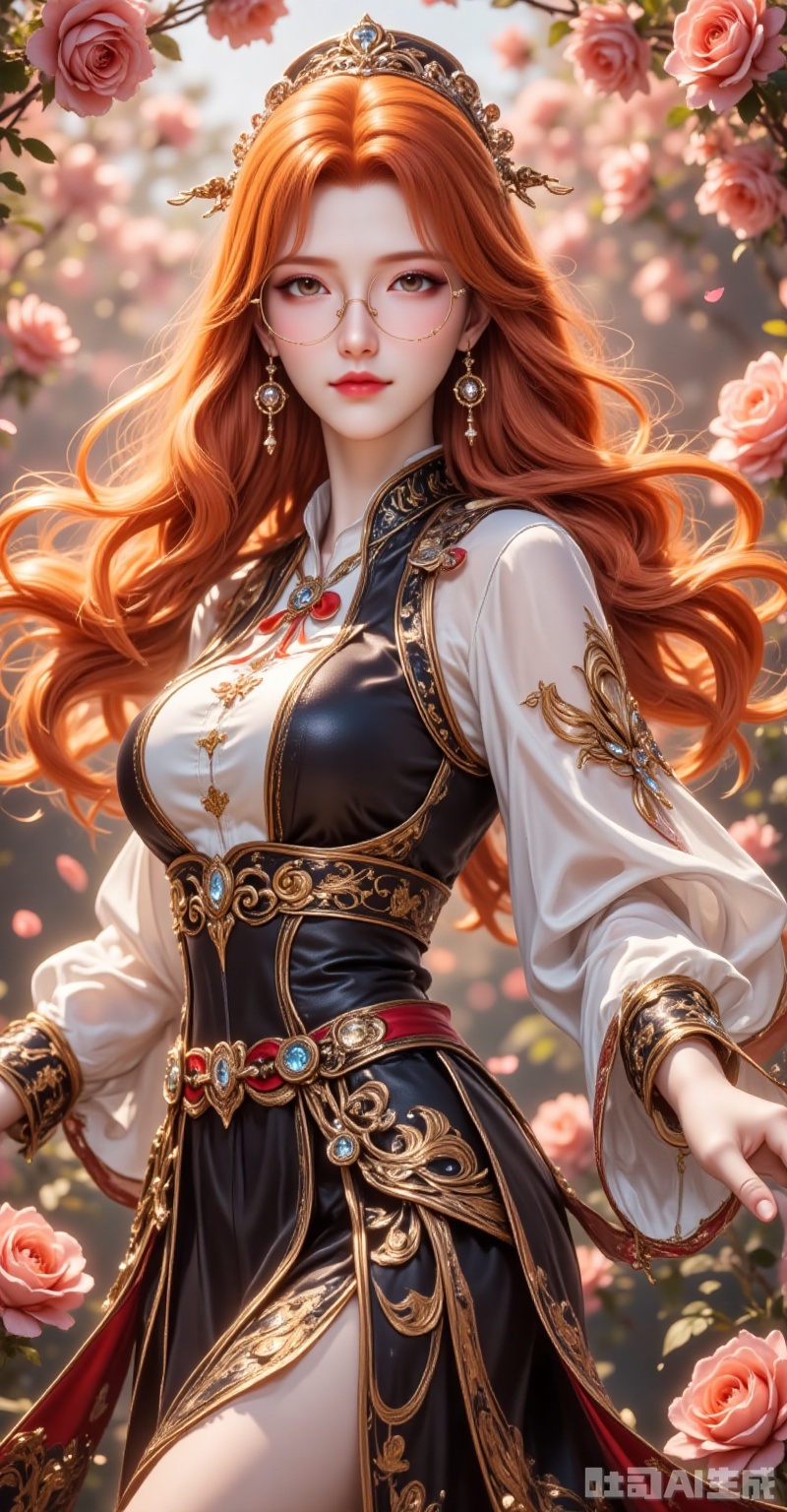 This enchanting 8K portrait captures a flame-haired beauty dancing gracefully amidst a sea of blooming roses. Her cascading orange tresses shimmer with a pearlescent glow, adorned with delicate silver ornaments that complement the round-framed glasses perched on her nose, adding an intellectual charm to her allure. Those mesmerizing gray eyes, glowing with a subtle pink radiance behind the lenses, captivate the viewer, while her glistening ruby lips - dewy as morning roses kissed by dawn - exude sensual elegance.

The exquisitely crafted traditional Chinese gown drapes her graceful form, its sculpted silhouette accentuating every curve as she twirls. Flowing black patterns dance across the skirt like ink on silk, while embedded gemstones scatter prismatic light with each movement. The billowing sleeves - a harmonious blend of sheer gauze and luxurious brocade - trail behind her like butterfly wings, their sapphire-studded cuffs tracing celestial arcs that sparkle in the sunlight.

In this vibrant rose garden, countless blossoms burst into full bloom, creating a swirling tempest of petals that frame her divine dance. Shot from a dramatic low angle with exquisite backlighting, every element conspires to compose a visual symphony where nature's splendor and human artistry become one. The breathtaking 8K resolution captures each individual petal, each sparkle of gemstone, transforming this fleeting moment into an eternal dream of beauty and grace. lvjing,