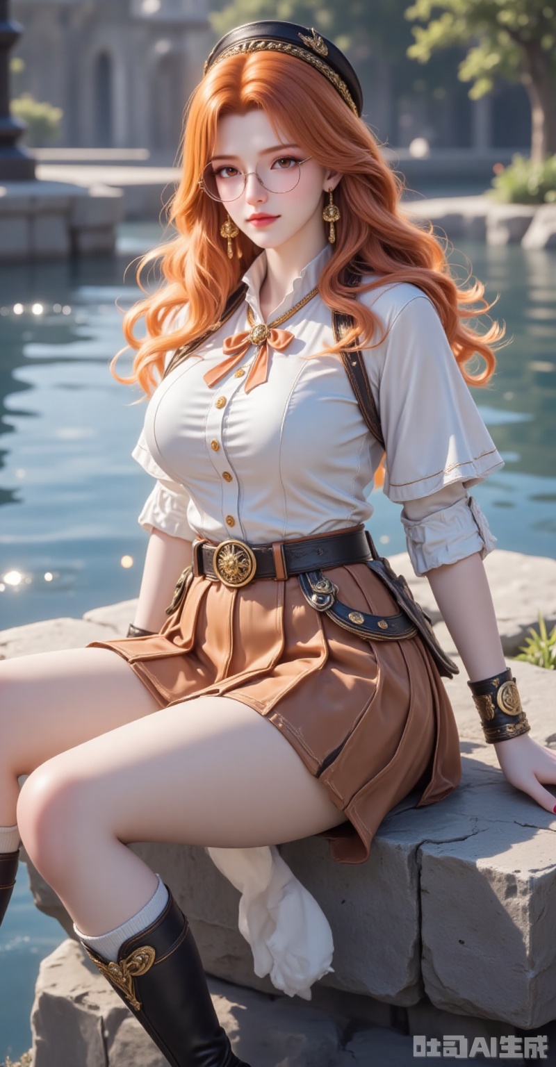 juzijie,jewelry,earrings,brown eyes,orange hair,glasses,round eyewear,brown hair,wavy hair,hat,1girl,solo,glasses,skirt,jewelry,sitting,long hair,hat,pleated skirt,boots,round eyewear,shirt,looking at viewer,earrings,breasts,orange hair,water,white shirt,black footwear,outdoors,brown skirt,black headwear,brown eyes,socks,belt,white socks,black nails,short sleeves,lips,knee boots,nail polish,parted bangs,large breasts,miniskirt,4,cover,gradient background,close-up details,outstanding style,adding a touch of dimension to your images without compromising details,close-up. lvjing,