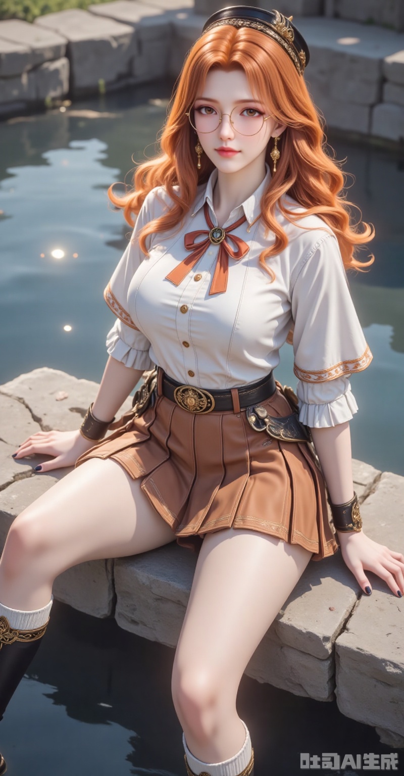 juzijie,jewelry,earrings,brown eyes,orange hair,glasses,round eyewear,brown hair,wavy hair,hat,1girl,solo,glasses,skirt,jewelry,sitting,long hair,hat,pleated skirt,boots,round eyewear,shirt,looking at viewer,earrings,breasts,orange hair,water,white shirt,black footwear,outdoors,brown skirt,black headwear,brown eyes,socks,belt,white socks,black nails,short sleeves,lips,knee boots,nail polish,parted bangs,large breasts,miniskirt,4,cover,gradient background,close-up details,outstanding style,adding a touch of dimension to your images without compromising details,close-up. lvjing,