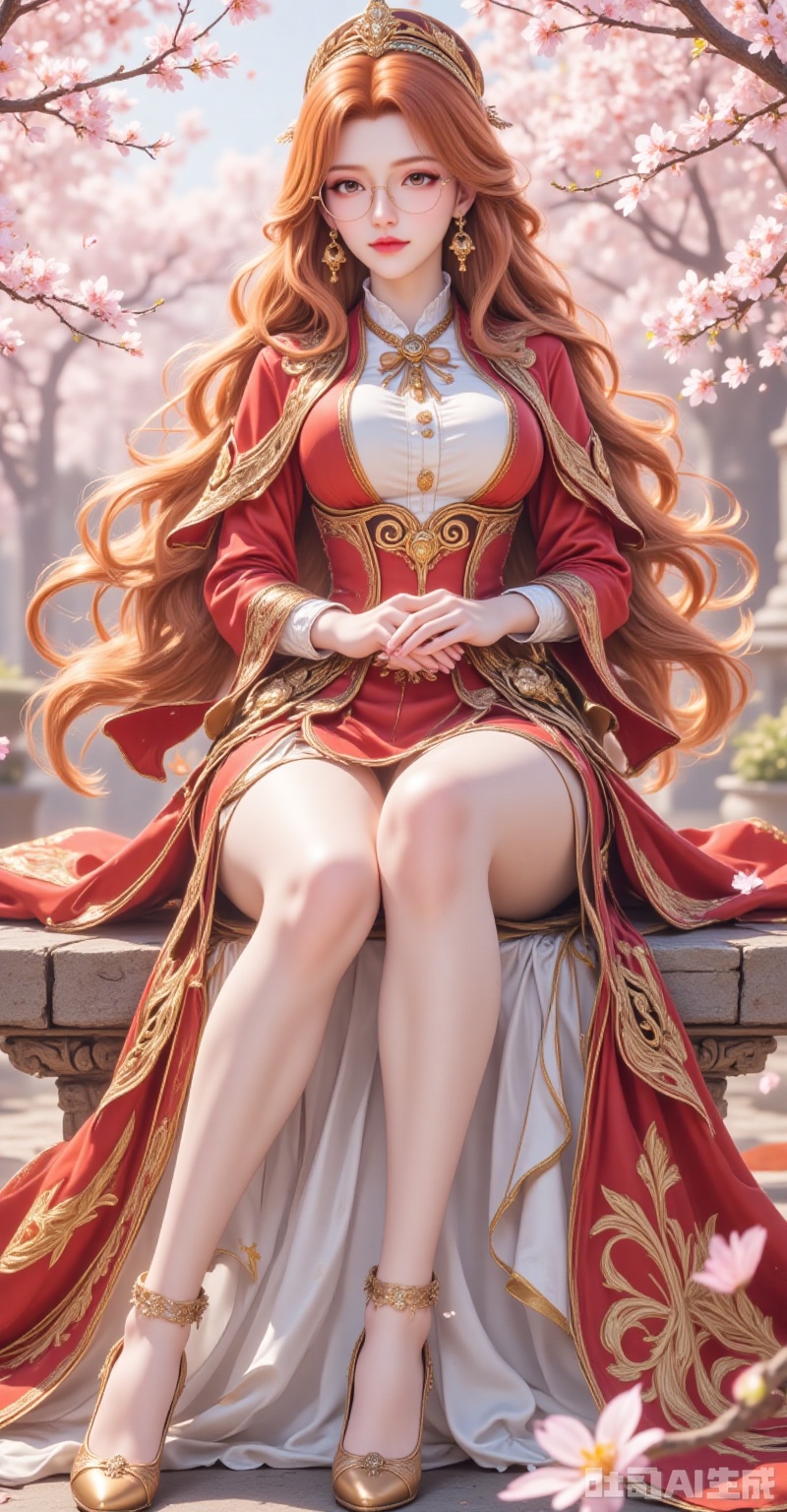 juzijie,jewelry,earrings,brown eyes,orange hair,glasses,round eyewear,brown hair,wavy hair,hat,1girl,solo,long hair,brown hair,sitting,looking at viewer,jewelry,breasts,cherry blossoms,full body,high heels,dress,petals,skirt,earrings,long sleeves,parted lips,gold trim,brown eyes,outdoors,5,cover,gradient background,close-up details,outstanding style,adding a touch of dimension to your images without compromising details,close-up. lvjing,