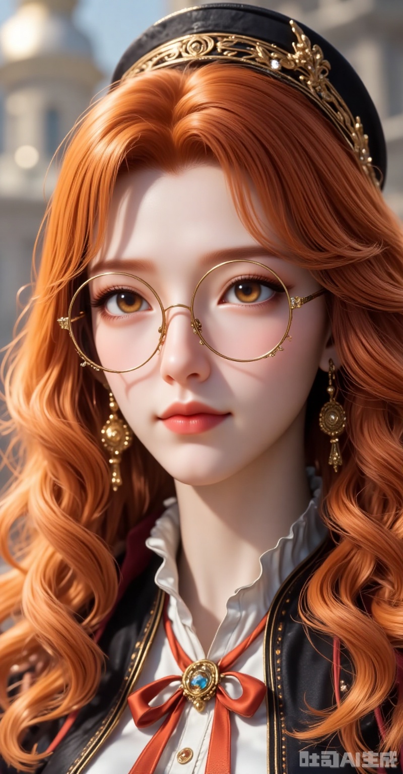 juzijie,jewelry,earrings,brown eyes,orange hair,glasses,round eyewear,brown hair,wavy hair,hat,1girl,solo,round eyewear,blurry background,long hair,blurry,orange hair,glasses,looking at viewer,hat,jewelry,earrings,portrait,depth of field,lips,realistic,curly hair,wavy hair,orange eyes,outdoors,closed mouth,brown eyes,3,cover,gradient background,close-up details,outstanding style,adding a touch of dimension to your images without compromising details,close-up. lvjing,