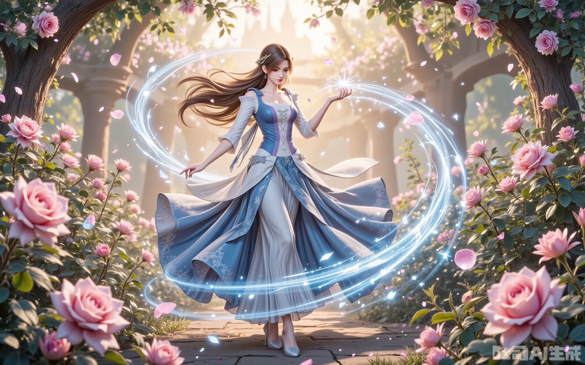huoyuner,1girl,long hair,brown hair,hair ornament,blue eyes,blonde hair,bule eyes, The midday sun filters through rose canopies, bathing her in golden radiance. Chestnut tresses cascade like liquid silk, their crystal-adorned ends scattering prismatic sparks. The lavish skirt sweeps past blooming roses, stirring petals into swirling eddies, while crystal heels leave trails of light on the flower-strewn path. As her fingers grace a rose petal, cerulean energy swirls like morning mist around her, painting luminous patterns amidst the blossoms. Shot from a devotional low angle, the 8K resolution captures every exquisite detail—from the pollen dusting her lashes to the intricate lacework on her gown—transforming the garden into a living canvas. lvjing,
