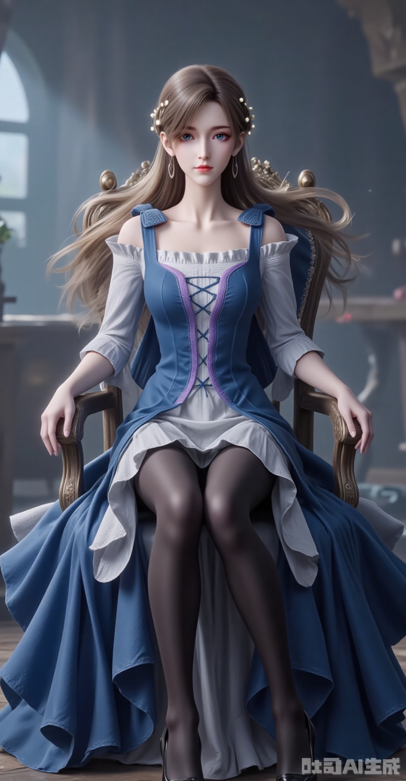 ,huoyuner,long hair,brown hair,hair ornament,blue eyes,blonde hair,1girl,long hair,dress,solo,blue dress,brown hair,realistic,blonde hair,looking at viewer,hair ornament,blurry background,legs,high_heels,full body,sitting,black_pantyhose,chair,cover,gradient background,close-up details,outstanding style,adding a touch of dimension to your images without compromising details,close-up,lvjing