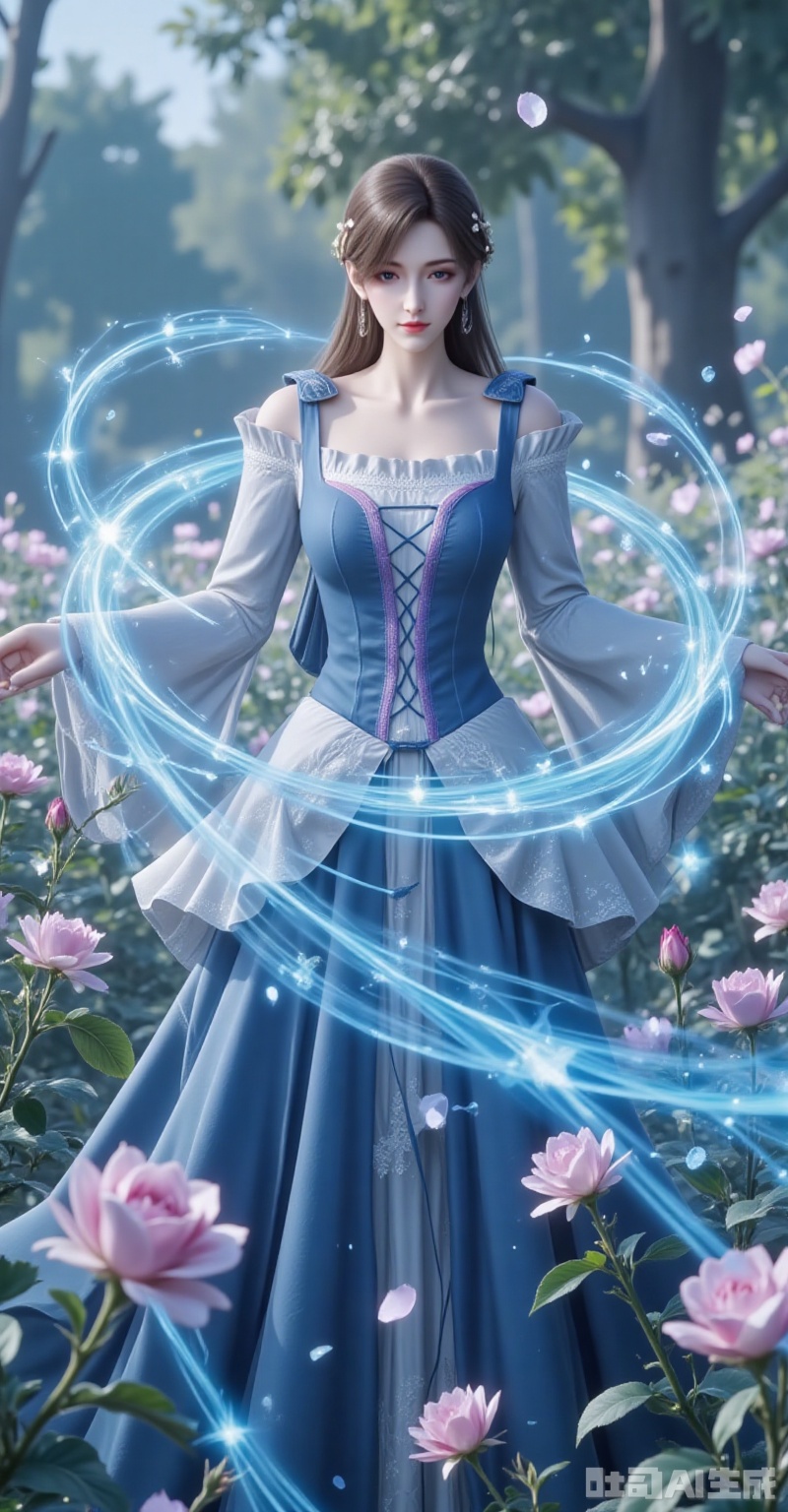 a rose petal, cerulean energy swirls like morning mist around her, painting luminous patterns amidst the blossoms. Shot from a devotional low angle, the 8K resolution captures every exquisite detail—from the pollen dusting her lashes to the intricate lacework on her gown—transforming the garden into a living canvas. lvjing,