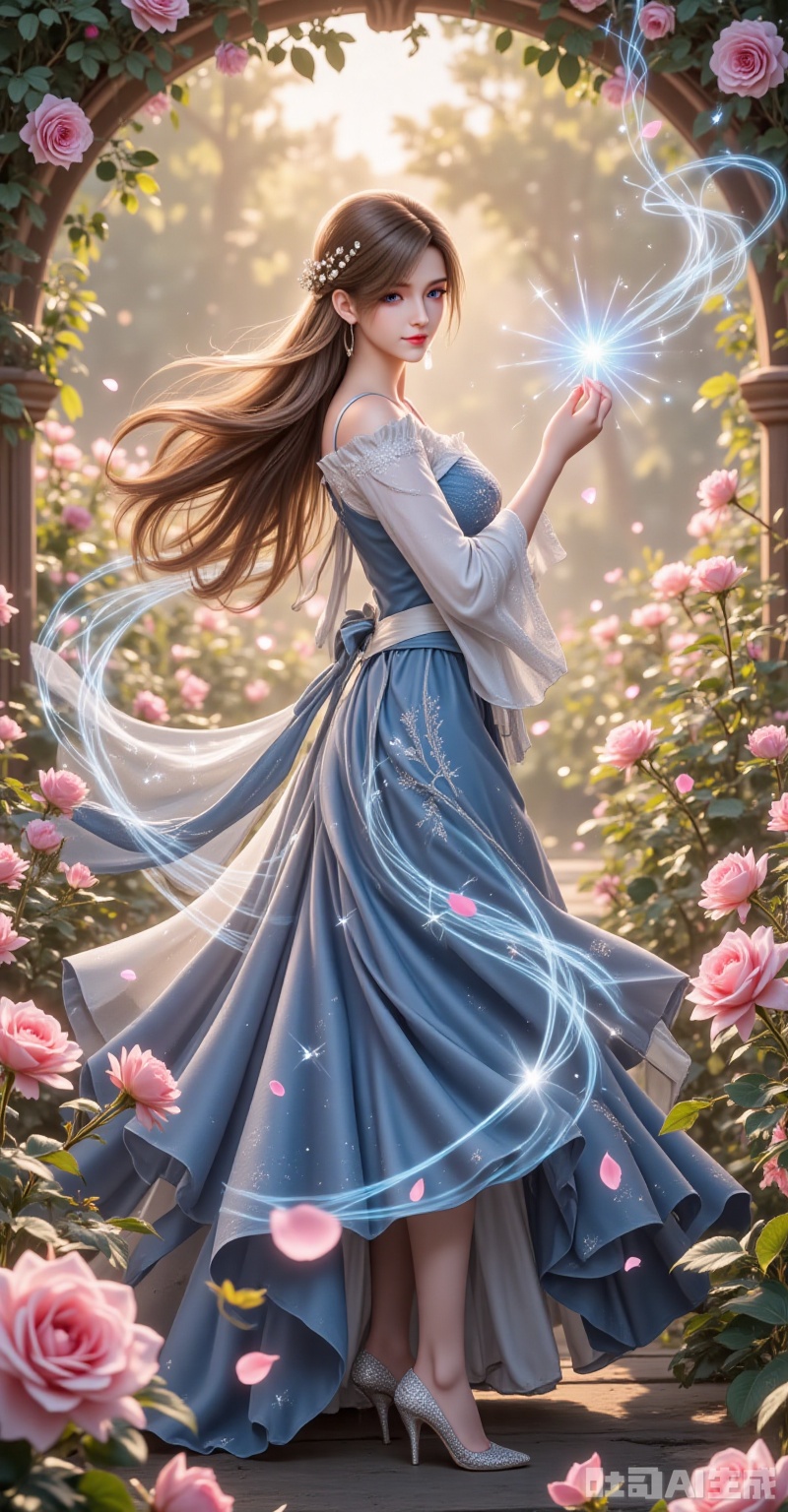huoyuner,1girl,long hair,brown hair,hair ornament,blue eyes,blonde hair,bule eyes, The midday sun filters through rose canopies, bathing her in golden radiance. Chestnut tresses cascade like liquid silk, their crystal-adorned ends scattering prismatic sparks. The lavish skirt sweeps past blooming roses, stirring petals into swirling eddies, while crystal heels leave trails of light on the flower-strewn path. As her fingers grace a rose petal, cerulean energy swirls like morning mist around her, painting luminous patterns amidst the blossoms. Shot from a devotional low angle, the 8K resolution captures every exquisite detail—from the pollen dusting her lashes to the intricate lacework on her gown—transforming the garden into a living canvas. lvjing,
