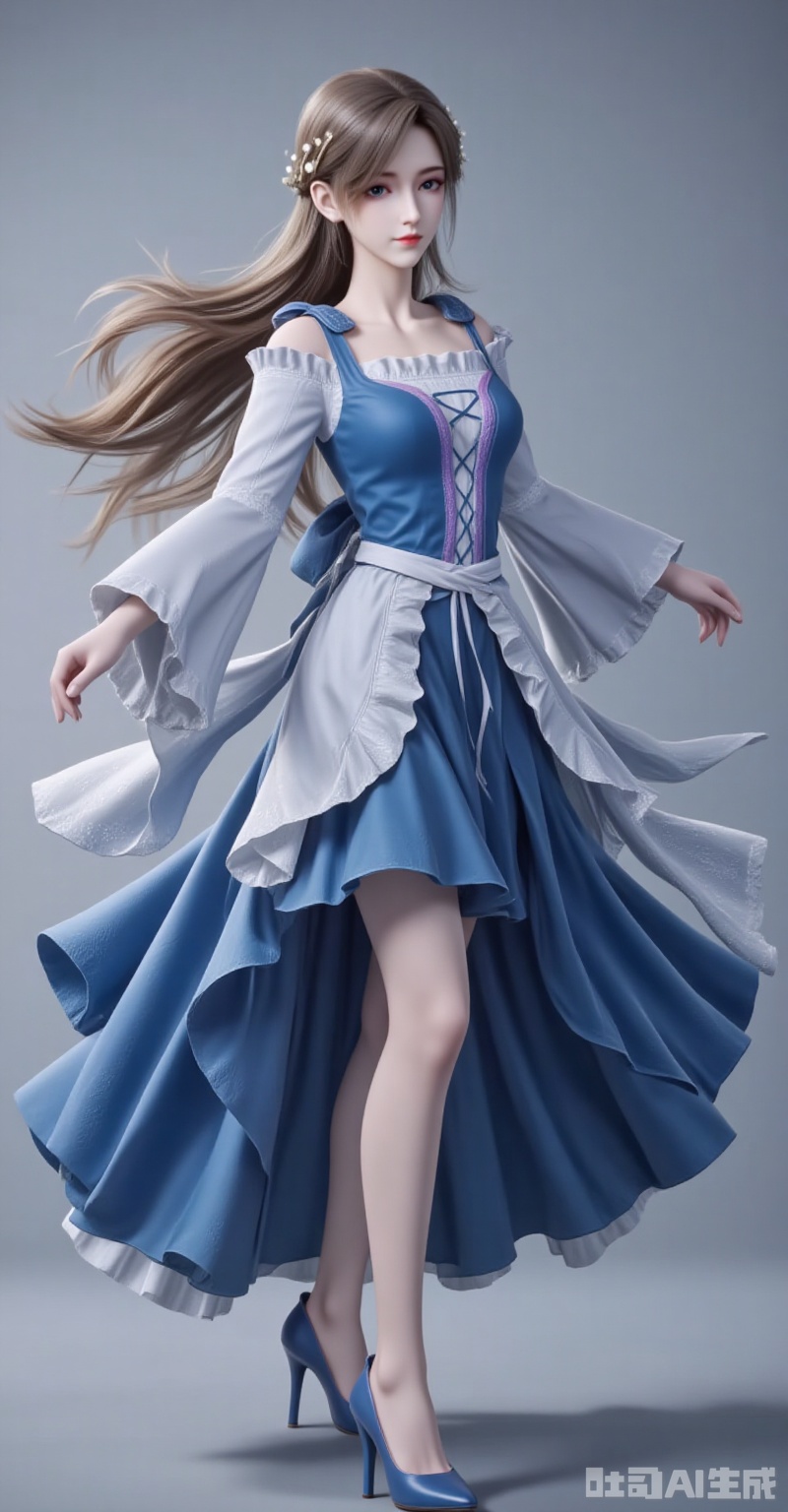 huoyuner,long hair,brown hair,hair ornament,blue eyes,blonde hair,1girl,long hair,dress,solo,blue dress,brown hair,realistic,blonde hair,looking at viewer,hair ornament,blurry background,legs,high_heels,full body,cover,gradient background,close-up details,outstanding style,adding a touch of dimension to your images without compromising details,close-up,lvjing