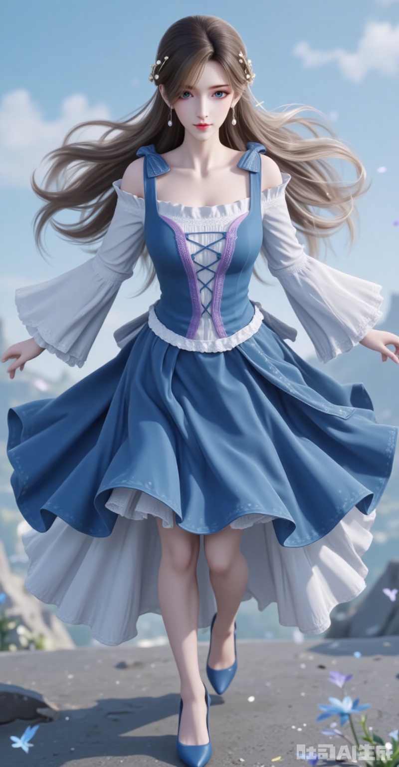 huoyuner,long hair,brown hair,hair ornament,blue eyes,blonde hair,1girl,long hair,dress,solo,blue dress,brown hair,realistic,blonde hair,looking at viewer,hair ornament,blurry background,legs,high_heels,full body,cover,gradient background,close-up details,outstanding style,adding a touch of dimension to your images without compromising details,close-up,lvjing