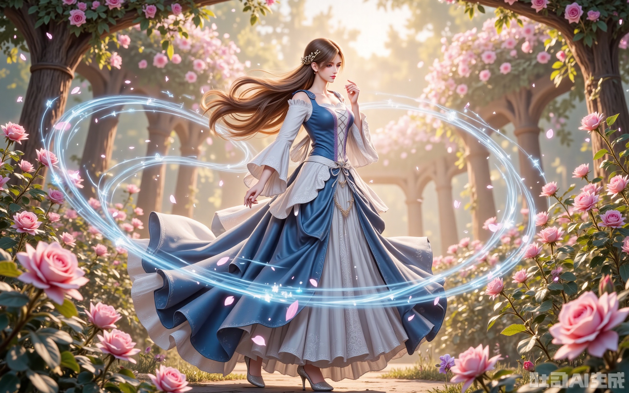huoyuner,1girl,long hair,brown hair,hair ornament,blue eyes,blonde hair,bule eyes, The midday sun filters through rose canopies, bathing her in golden radiance. Chestnut tresses cascade like liquid silk, their crystal-adorned ends scattering prismatic sparks. The lavish skirt sweeps past blooming roses, stirring petals into swirling eddies, while crystal heels leave trails of light on the flower-strewn path. As her fingers grace a rose petal, cerulean energy swirls like morning mist around her, painting luminous patterns amidst the blossoms. Shot from a devotional low angle, the 8K resolution captures every exquisite detail—from the pollen dusting her lashes to the intricate lacework on her gown—transforming the garden into a living canvas. lvjing,