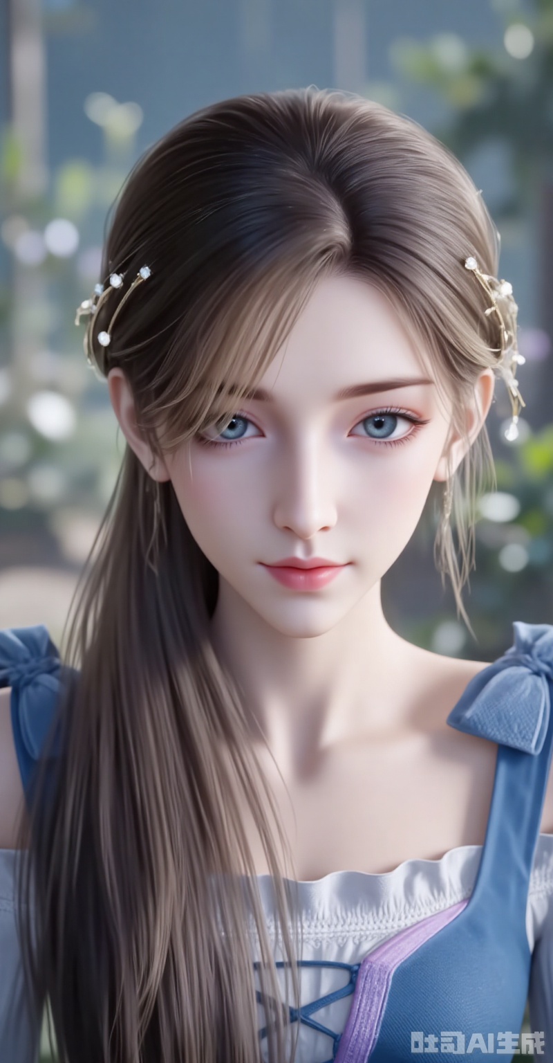 ,huoyuner,long hair,brown hair,hair ornament,blue eyes,blonde hair,1girl,long hair,dress,solo,blue dress,brown hair,realistic,blonde hair,looking at viewer,hair ornament,blurry background,7,cover,gradient background,close-up details,outstanding style,adding a touch of dimension to your images without compromising details,close-up,lvjing