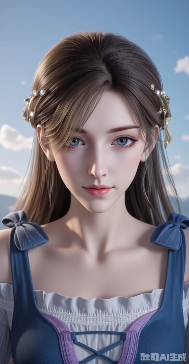 ,huoyuner,long hair,brown hair,hair ornament,blue eyes,blonde hair,1girl,long hair,dress,solo,blue dress,brown hair,realistic,blonde hair,looking at viewer,hair ornament,blurry background,7,cover,gradient background,close-up details,outstanding style,adding a touch of dimension to your images without compromising details,close-up,,lvjing