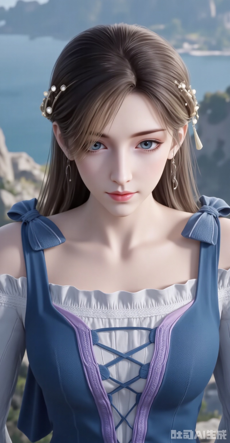,huoyuner,long hair,brown hair,hair ornament,blue eyes,blonde hair,1girl,long hair,dress,solo,blue dress,brown hair,realistic,blonde hair,looking at viewer,hair ornament,blurry background,7,cover,gradient background,close-up details,outstanding style,adding a touch of dimension to your images without compromising details,close-up,,lvjing