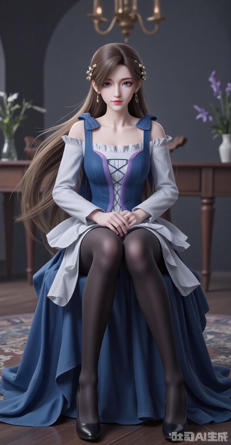 ,huoyuner,long hair,brown hair,hair ornament,blue eyes,blonde hair,1girl,long hair,dress,solo,blue dress,brown hair,realistic,blonde hair,looking at viewer,hair ornament,blurry background,legs,high_heels,full body,sitting,black_pantyhose,chair,cover,gradient background,close-up details,outstanding style,adding a touch of dimension to your images without compromising details,close-up,lvjing