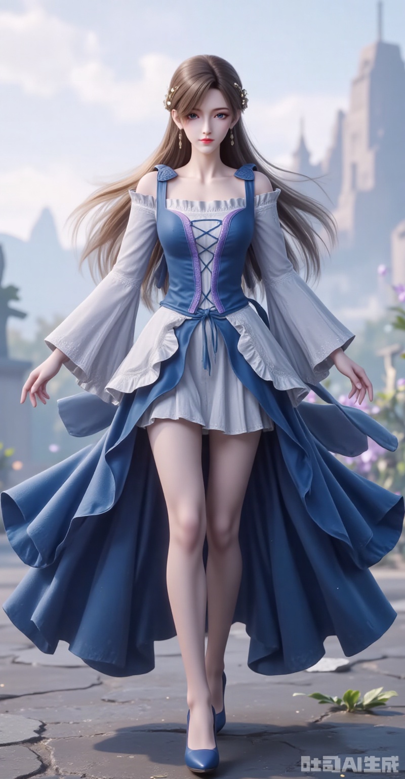 huoyuner,long hair,brown hair,hair ornament,blue eyes,blonde hair,1girl,long hair,dress,solo,blue dress,brown hair,realistic,blonde hair,looking at viewer,hair ornament,blurry background,legs,high_heels,full body,cover,gradient background,close-up details,outstanding style,adding a touch of dimension to your images without compromising details,close-up,lvjing