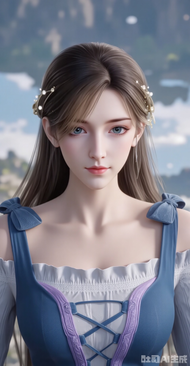 ,huoyuner,long hair,brown hair,hair ornament,blue eyes,blonde hair,1girl,long hair,dress,solo,blue dress,brown hair,realistic,blonde hair,looking at viewer,hair ornament,blurry background,7,cover,gradient background,close-up details,outstanding style,adding a touch of dimension to your images without compromising details,close-up,lvjing