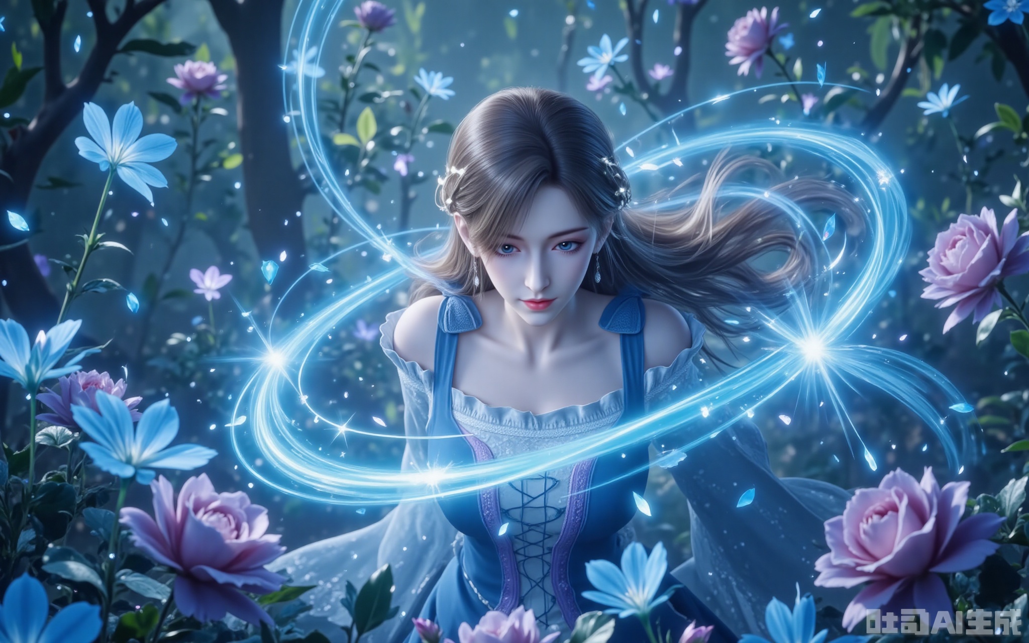 a rose petal, cerulean energy swirls like morning mist around her, painting luminous patterns amidst the blossoms. Shot from a devotional low angle, the 8K resolution captures every exquisite detail—from the pollen dusting her lashes to the intricate lacework on her gown—transforming the garden into a living canvas. lvjing,