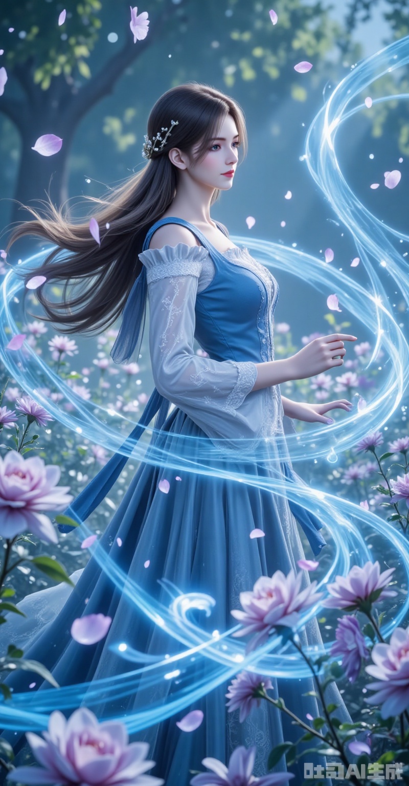 a rose petal, cerulean energy swirls like morning mist around her, painting luminous patterns amidst the blossoms. Shot from a devotional low angle, the 8K resolution captures every exquisite detail—from the pollen dusting her lashes to the intricate lacework on her gown—transforming the garden into a living canvas. lvjing,