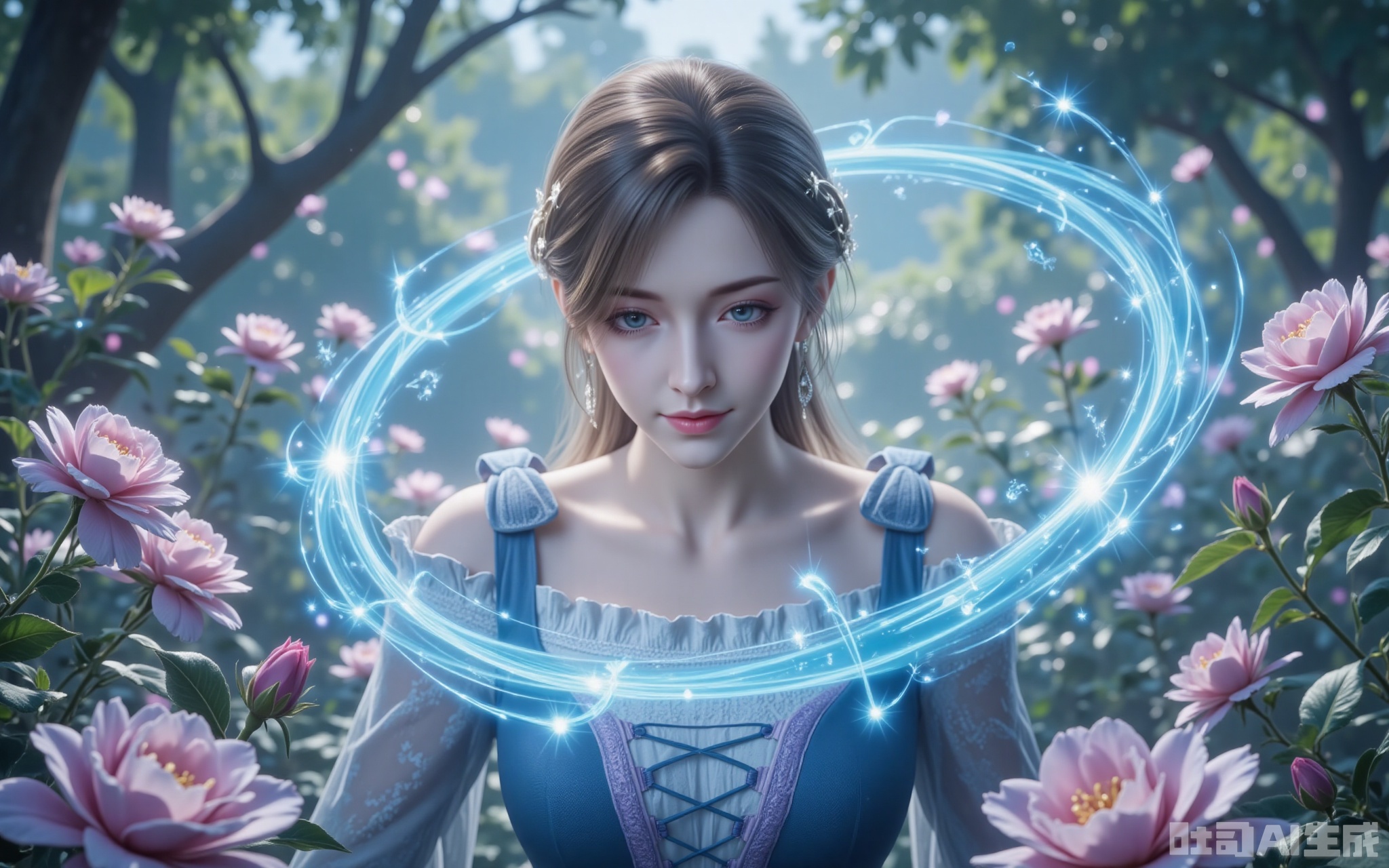 a rose petal, cerulean energy swirls like morning mist around her, painting luminous patterns amidst the blossoms. Shot from a devotional low angle, the 8K resolution captures every exquisite detail—from the pollen dusting her lashes to the intricate lacework on her gown—transforming the garden into a living canvas. lvjing,