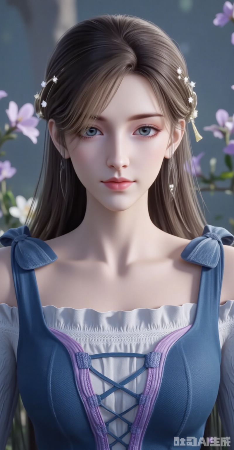 ,huoyuner,long hair,brown hair,hair ornament,blue eyes,blonde hair,1girl,long hair,dress,solo,blue dress,brown hair,realistic,blonde hair,looking at viewer,hair ornament,blurry background,7,cover,gradient background,close-up details,outstanding style,adding a touch of dimension to your images without compromising details,close-up,,lvjing