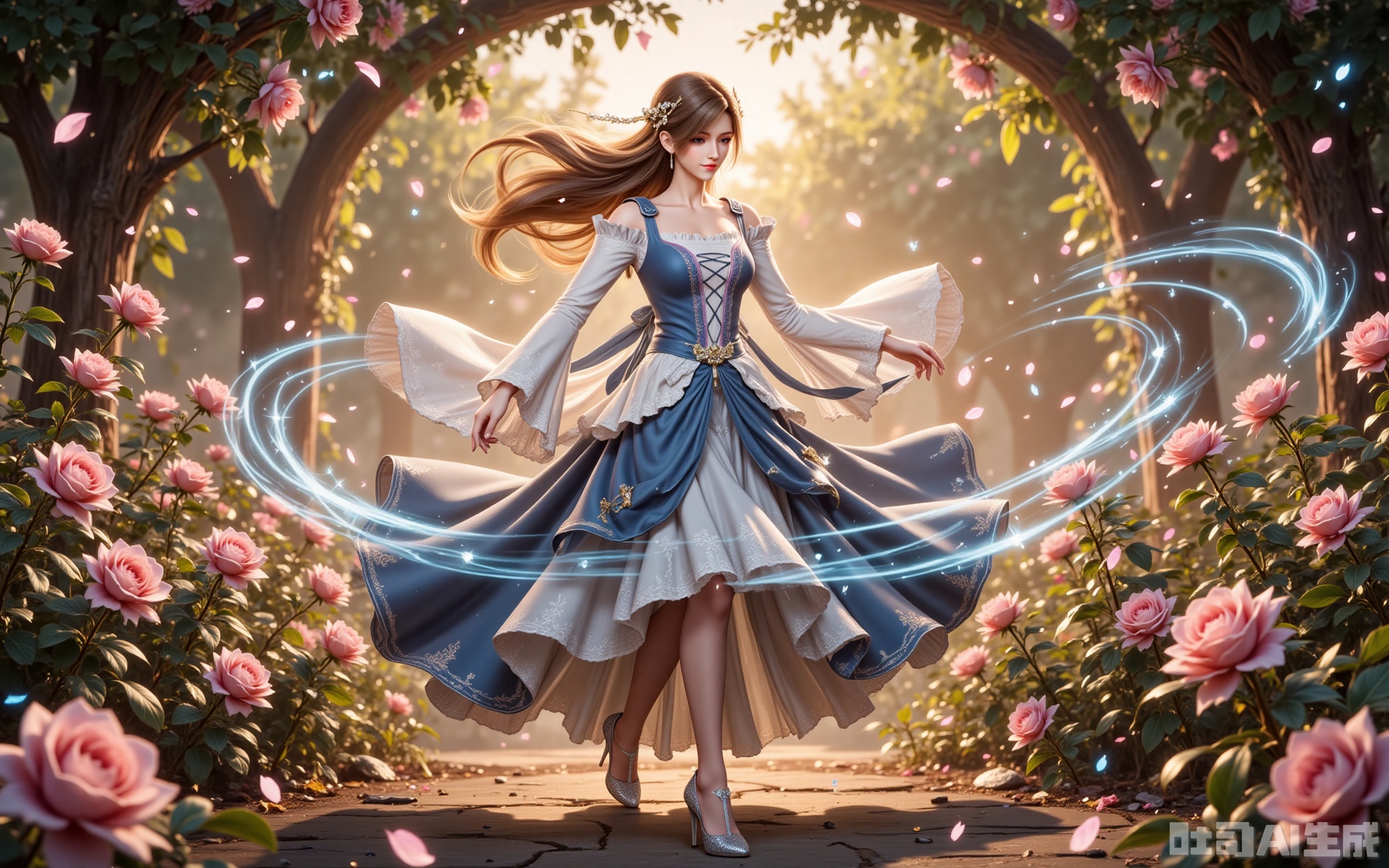 huoyuner,1girl,long hair,brown hair,hair ornament,blue eyes,blonde hair,bule eyes, The midday sun filters through rose canopies, bathing her in golden radiance. Chestnut tresses cascade like liquid silk, their crystal-adorned ends scattering prismatic sparks. The lavish skirt sweeps past blooming roses, stirring petals into swirling eddies, while crystal heels leave trails of light on the flower-strewn path. As her fingers grace a rose petal, cerulean energy swirls like morning mist around her, painting luminous patterns amidst the blossoms. Shot from a devotional low angle, the 8K resolution captures every exquisite detail—from the pollen dusting her lashes to the intricate lacework on her gown—transforming the garden into a living canvas. lvjing,