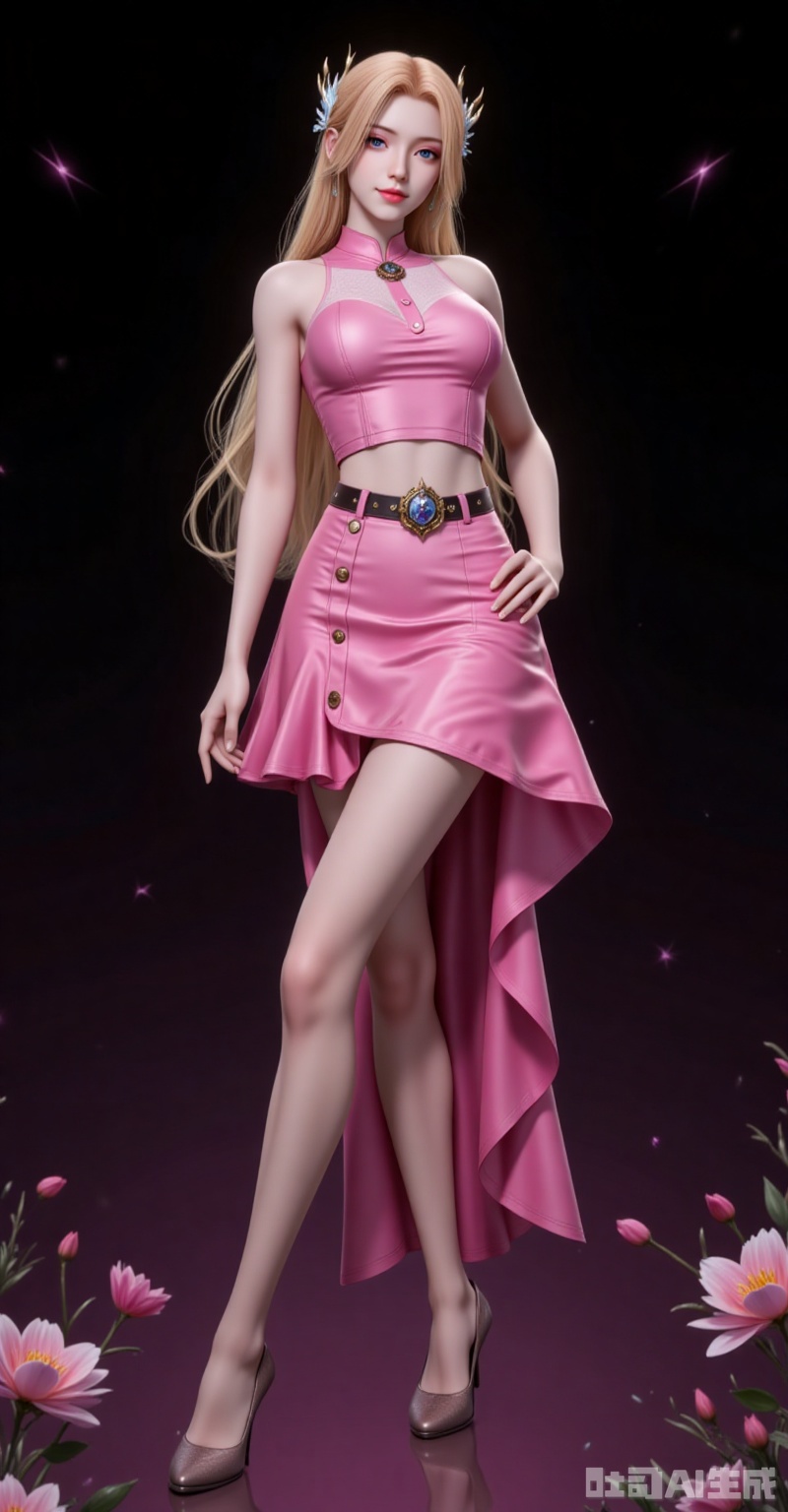 nanmenyuner,long hair,blonde hair,hair ornament,1girl,solo,skirt,(full body:1.1),blonde hair,pink skirt,blue eyes,crop top,pink shirt,looking at viewer,midriff,smile,long hair,bare shoulders,belt,hair ornament,shirt,breasts,sleeveless,closed mouth,high_heels,long_legs,flowers background,flower,black_background,cover,gradient background,close-up details,outstanding style,adding a touch of dimension to your images without compromising details,close-up,lvjing