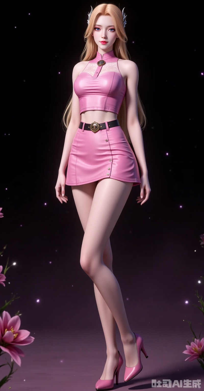 nanmenyuner,long hair,blonde hair,hair ornament,1girl,solo,skirt,(full body:1.1),blonde hair,pink skirt,blue eyes,crop top,pink shirt,looking at viewer,midriff,smile,long hair,bare shoulders,belt,hair ornament,shirt,breasts,sleeveless,closed mouth,high_heels,long_legs,flowers background,flower,black_background,cover,gradient background,close-up details,outstanding style,adding a touch of dimension to your images without compromising details,close-up,lvjing