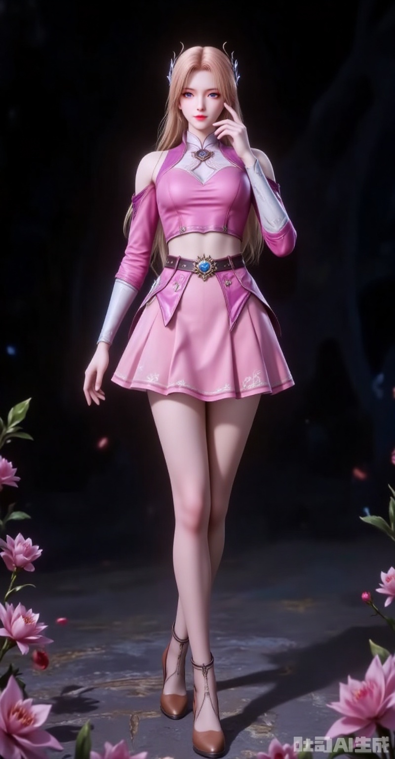nanmenyuner,long hair,blonde hair,hair ornament,1girl,solo,skirt,(full body:1.1),blonde hair,pink skirt,blue eyes,crop top,pink shirt,looking at viewer,midriff,smile,long hair,bare shoulders,belt,hair ornament,shirt,breasts,sleeveless,closed mouth,high_heels,long_legs,flowers background,flower,black_background,cover,gradient background,close-up details,outstanding style,adding a touch of dimension to your images without compromising details,close-up,lvjing