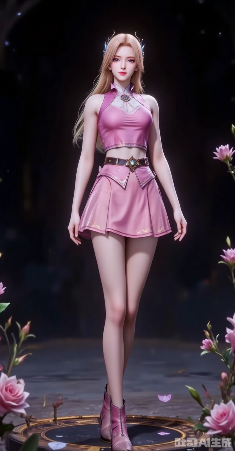 nanmenyuner,long hair,blonde hair,hair ornament,1girl,solo,skirt,(full body:1.1),blonde hair,pink skirt,blue eyes,crop top,pink shirt,looking at viewer,midriff,smile,long hair,bare shoulders,belt,hair ornament,shirt,breasts,sleeveless,closed mouth,high_heels,long_legs,flowers background,flower,black_background,cover,gradient background,close-up details,outstanding style,adding a touch of dimension to your images without compromising details,close-up,lvjing