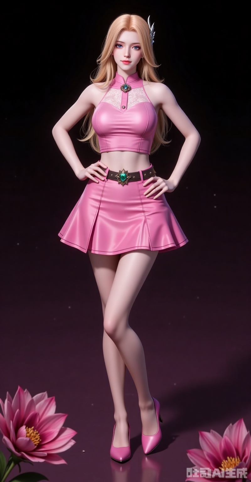 nanmenyuner,long hair,blonde hair,hair ornament,1girl,solo,skirt,(full body:1.1),blonde hair,pink skirt,blue eyes,crop top,pink shirt,looking at viewer,midriff,smile,long hair,bare shoulders,belt,hair ornament,shirt,breasts,sleeveless,closed mouth,high_heels,long_legs,flowers background,flower,black_background,cover,gradient background,close-up details,outstanding style,adding a touch of dimension to your images without compromising details,close-up,lvjing