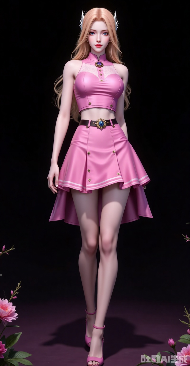 nanmenyuner,long hair,blonde hair,hair ornament,1girl,solo,skirt,(full body:1.1),blonde hair,pink skirt,blue eyes,crop top,pink shirt,looking at viewer,midriff,smile,long hair,bare shoulders,belt,hair ornament,shirt,breasts,sleeveless,closed mouth,high_heels,long_legs,flowers background,flower,black_background,cover,gradient background,close-up details,outstanding style,adding a touch of dimension to your images without compromising details,close-up,lvjing