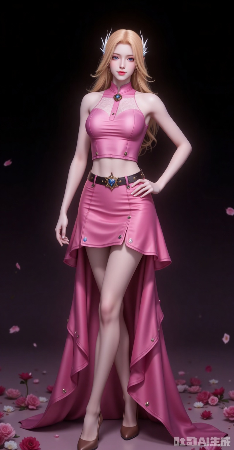 nanmenyuner,long hair,blonde hair,hair ornament,1girl,solo,skirt,(full body:1.1),blonde hair,pink skirt,blue eyes,crop top,pink shirt,looking at viewer,midriff,smile,long hair,bare shoulders,belt,hair ornament,shirt,breasts,sleeveless,closed mouth,high_heels,long_legs,flowers background,flower,black_background,cover,gradient background,close-up details,outstanding style,adding a touch of dimension to your images without compromising details,close-up,lvjing
