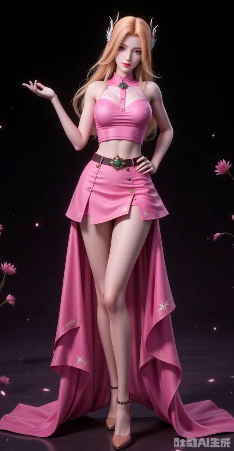 nanmenyuner,long hair,blonde hair,hair ornament,1girl,solo,skirt,(full body:1.1),blonde hair,pink skirt,blue eyes,crop top,pink shirt,looking at viewer,midriff,smile,long hair,bare shoulders,belt,hair ornament,shirt,breasts,sleeveless,closed mouth,high_heels,long_legs,flowers background,flower,black_background,cover,gradient background,close-up details,outstanding style,adding a touch of dimension to your images without compromising details,close-up,lvjing