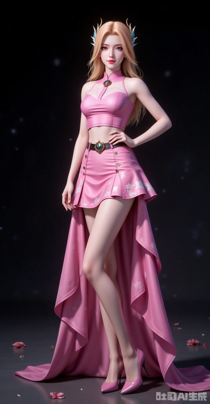nanmenyuner,long hair,blonde hair,hair ornament,1girl,solo,skirt,(full body:1.1),blonde hair,pink skirt,blue eyes,crop top,pink shirt,looking at viewer,midriff,smile,long hair,bare shoulders,belt,hair ornament,shirt,breasts,sleeveless,closed mouth,high_heels,long_legs,flowers background,flower,black_background,cover,gradient background,close-up details,outstanding style,adding a touch of dimension to your images without compromising details,close-up,lvjing