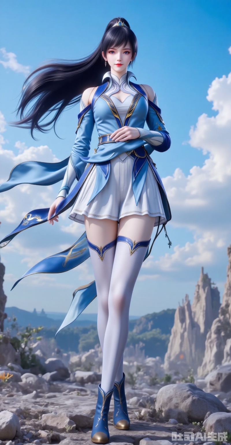 tangya,long hair,black hair,ponytail,hair ornament,blue eyes,1girl,long hair,solo,thighhighs,dress,black hair,sky,full body,blue sky,rock,high heels,clothing cutout,detached sleeves,closed mouth,blue dress,1,cover,gradient background,close-up details,outstanding style,adding a touch of dimension to your images without compromising details,close-up,