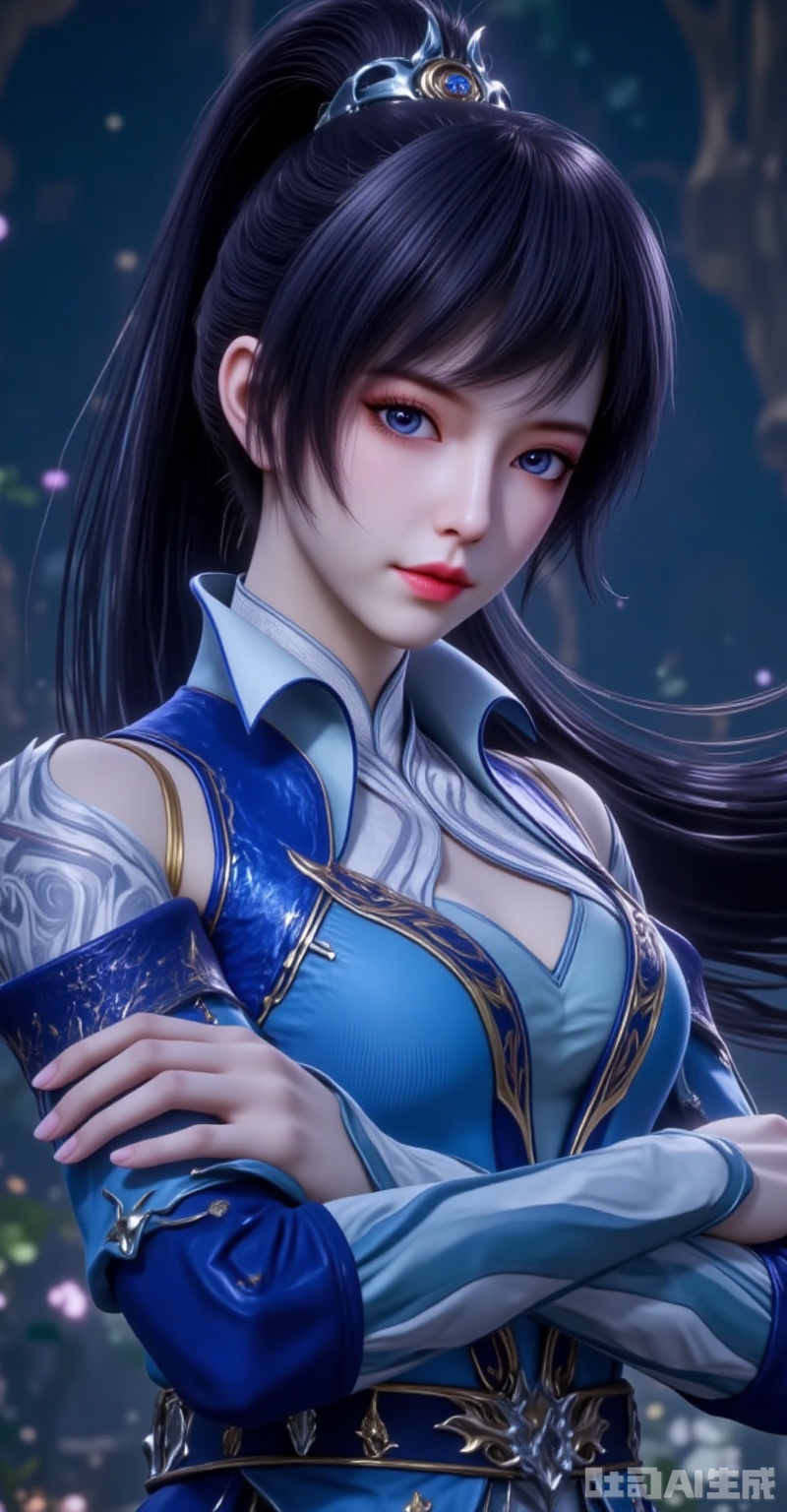 tangya,long hair,black hair,ponytail,hair ornament,blue eyes,1girl,solo,black hair,upper body,long hair,crossed arms,ponytail,dress,blue dress,looking at viewer,hair ornament,closed mouth,2,cover,gradient background,close-up details,outstanding style,adding a touch of dimension to your images without compromising details,close-up
