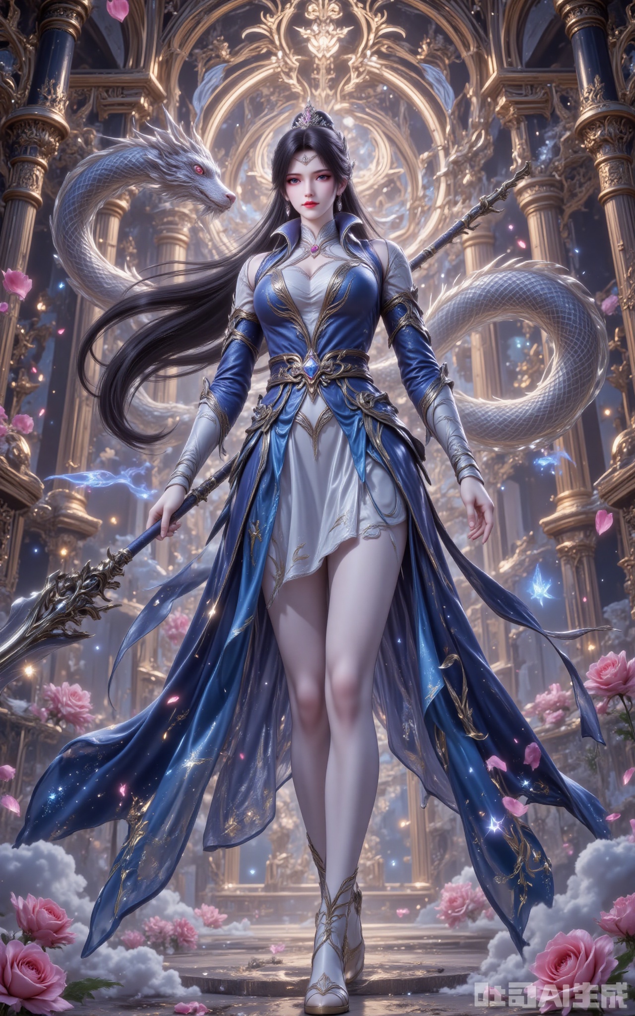 This breathtaking 8K portrait immortalizes an oriental war goddess in all her glory. At the composition's epicenter stands a raven-haired beauty, her obsidian locks cascading with pearlescent sheen, adorned with silver ornaments that twinkle like distant stars. Those storm-gray eyes, shimmering with an otherworldly pink hue, captivate the viewer, while her glistening crimson lips - like blooming poppies against snow - add a striking contrast to the blue-white ensemble.

The azure and ivory battle gown she wears is a masterpiece of craftsmanship. Layers of lustrous satin and delicate chiffon sculpt her formidable silhouette, with inky black patterns coiling like dragons across the skirt, their embedded sapphires glowing with abyssal brilliance. The flowing sleeves, embroidered with subtle cloud motifs, sparkle with diamond dust at the cuffs - as if woven from starlight itself.

Within the golden palace's grandeur, where coiling dragon pillars echo the might of her massive halberd, a blizzard of rose petals creates a poetic juxtaposition of beauty and power. Shot from a dramatic low angle with exquisite chiaroscuro lighting, every meticulously crafted element converges to compose a visual symphony where martial prowess and ethereal elegance become one. The unparalleled 8K resolution captures each individual petal, each glint of gemstone, transforming this image into a timeless legend.,tangya,lvjing