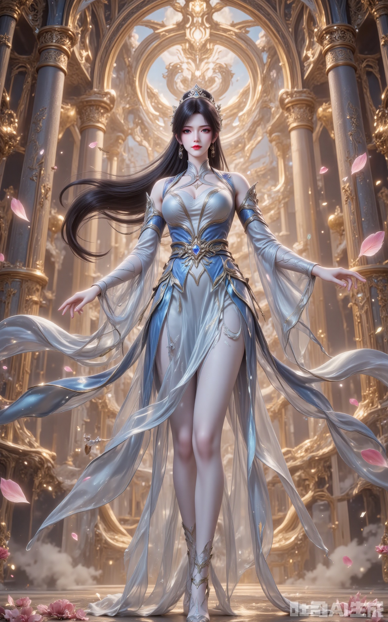 This mesmerizing 8K portrait captures an ethereal beauty standing in the heart of a golden palace. At the center of the composition, a raven-haired goddess poses gracefully, her silken tresses cascading with a pearlescent sheen, adorned with silver ornaments that gleam like moonlit sprites, exuding an aura of regal elegance. Those misty gray eyes, shimmering with a delicate pink luminescence, enchant the viewer, while her glistening crimson lips - reminiscent of winter roses against snow - create a striking contrast against the blue-white ensemble.

The azure and ivory qipao she wears represents the pinnacle of sartorial artistry. Layers of icy blue satin and pristine white chiffon drape elegantly over her graceful form, with intricate black motifs meandering across the skirt like ink wash paintings, their embedded sapphires refracting light into mesmerizing depths. The flowing sleeves, embroidered with subtle cloud patterns, sparkle with diamond dust at the cuffs - as if crafted from captured starlight.

Within the opulent palace's grandeur, where golden pillars and intricate carvings frame her divine beauty, a suspended tempest of rose petals creates a dreamlike atmosphere. Shot from a reverent low angle with masterful chiaroscuro lighting, every meticulously placed element converges to compose a visual symphony where timeless elegance meets contemporary perfection. The stunning 8K resolution reveals each individual petal, each glimmering gemstone, transforming this image into a portal to a realm of unparalleled beauty.
tangya,lvjing
