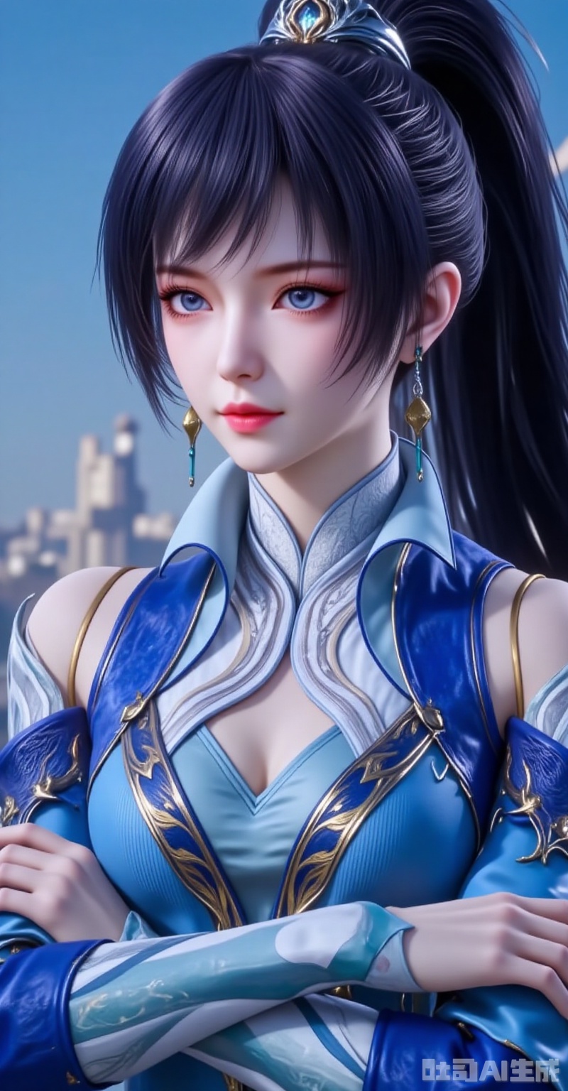 tangya,long hair,black hair,ponytail,hair ornament,blue eyes,1girl,solo,black hair,upper body,long hair,crossed arms,ponytail,dress,blue dress,looking at viewer,hair ornament,closed mouth,2,cover,gradient background,close-up details,outstanding style,adding a touch of dimension to your images without compromising details,close-up