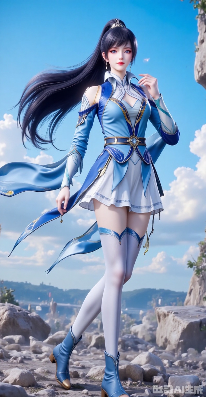 tangya,long hair,black hair,ponytail,hair ornament,blue eyes,1girl,long hair,solo,thighhighs,dress,black hair,sky,full body,blue sky,rock,high heels,clothing cutout,detached sleeves,closed mouth,blue dress,1,cover,gradient background,close-up details,outstanding style,adding a touch of dimension to your images without compromising details,close-up,