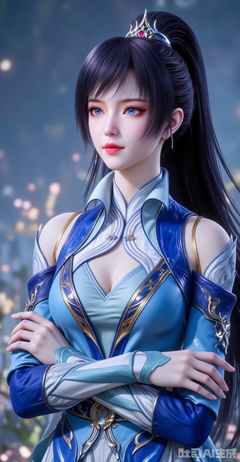 tangya,long hair,black hair,ponytail,hair ornament,blue eyes,1girl,solo,black hair,upper body,long hair,crossed arms,ponytail,dress,blue dress,looking at viewer,hair ornament,closed mouth,2,cover,gradient background,close-up details,outstanding style,adding a touch of dimension to your images without compromising details,close-up
