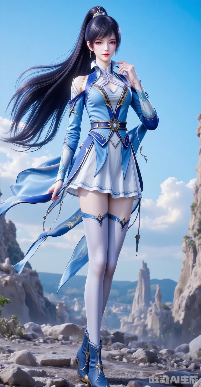 tangya,long hair,black hair,ponytail,hair ornament,blue eyes,1girl,long hair,solo,thighhighs,dress,black hair,sky,full body,blue sky,rock,high heels,clothing cutout,detached sleeves,closed mouth,blue dress,1,cover,gradient background,close-up details,outstanding style,adding a touch of dimension to your images without compromising details,close-up,