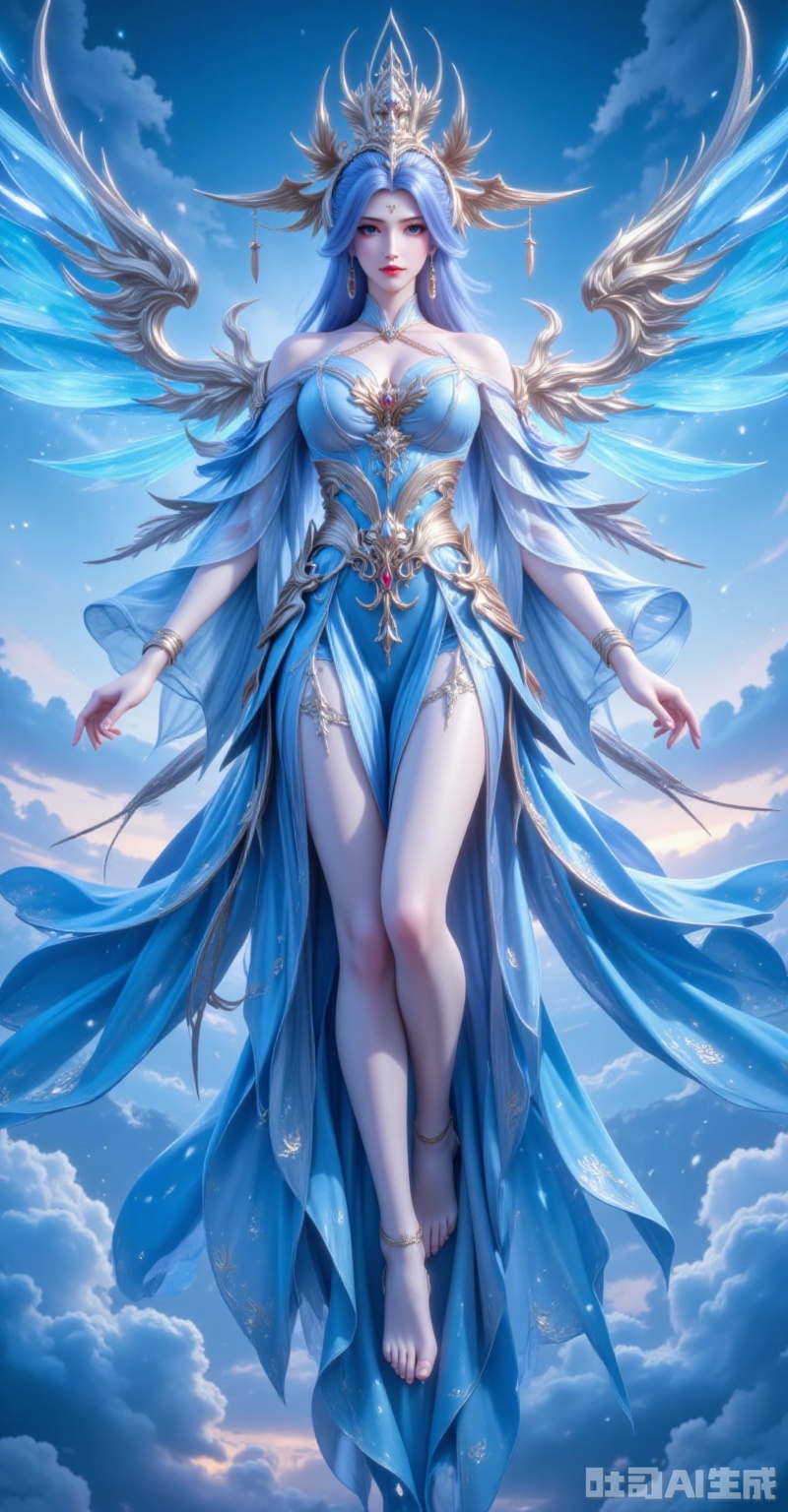 ,ningyudie,1girl, dress, solo, long hair, floating, hair ornament, wings, blue dress, sky, bare shoulders, full body, jewelry, detached sleeves, cloud, blue hair, bare legs, blue eyes, breasts, flying,15, cover,gradient background,close-up details,outstanding style,adding a touch of dimension to your images without compromising details,close-up,,lvjing,,baoshi,

