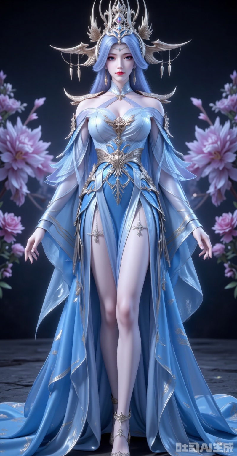 ningyudie,1girl,blue eyes,hair ornament,jewelry,long hair,looking at viewer,earrings,breasts,blue hair,parted lips,1girl,solo,dress,blue eyes,blurry background,looking at viewer,blue dress,blurry,standing,jewelry,closed mouth,long sleeves,see-through,bare shoulders,white dress,detached sleeves,high_heels,(full body:1.1),black_background,flowers background,cover,gradient background,close-up details,outstanding style,adding a touch of dimension to your images without compromising details,close-up,