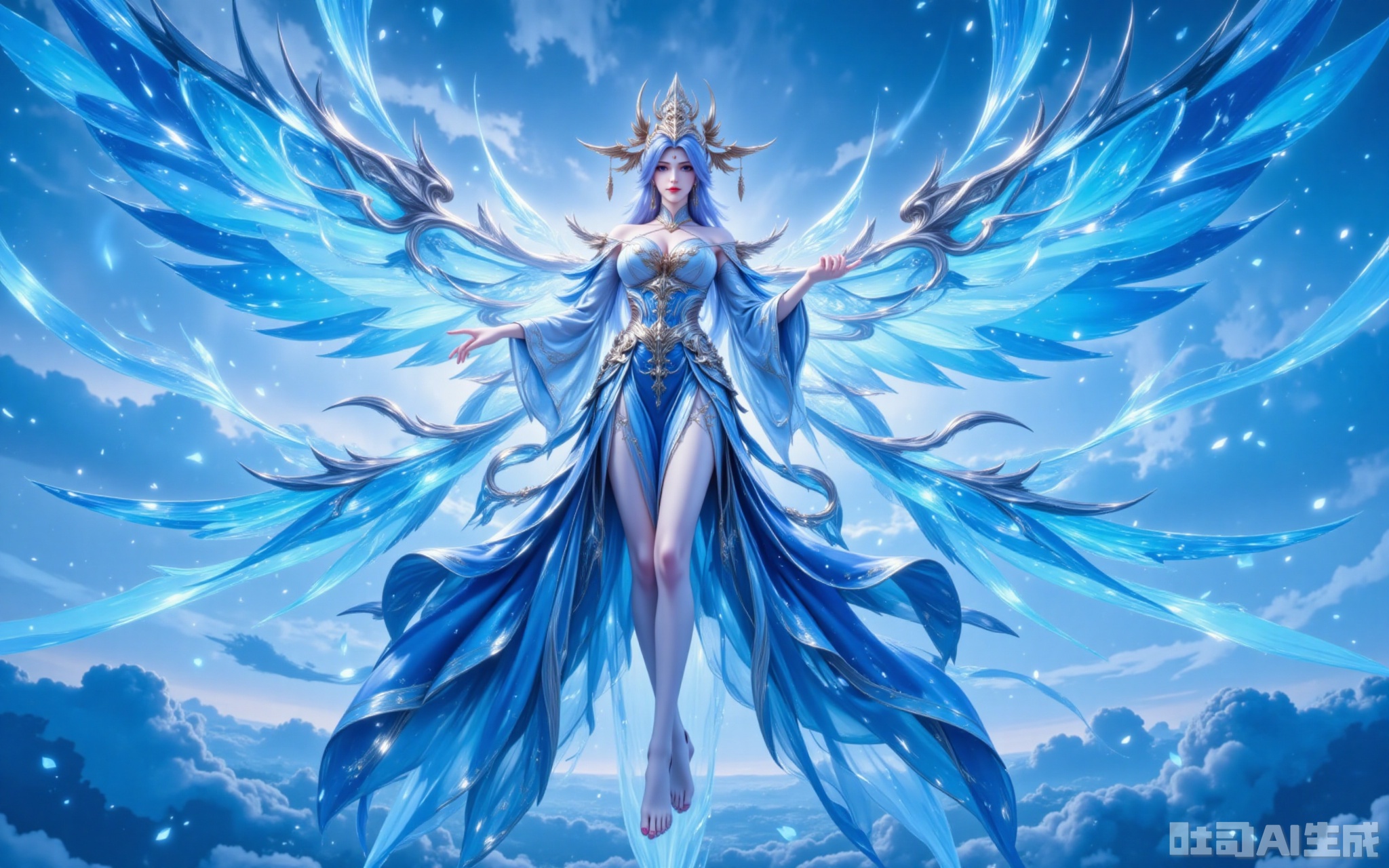 ,ningyudie,1girl, dress, solo, long hair, floating, hair ornament, wings, blue dress, sky, bare shoulders, full body, jewelry, detached sleeves, cloud, blue hair, bare legs, blue eyes, breasts, flying,15, cover,gradient background,close-up details,outstanding style,adding a touch of dimension to your images without compromising details,close-up,,lvjing,,baoshi,

